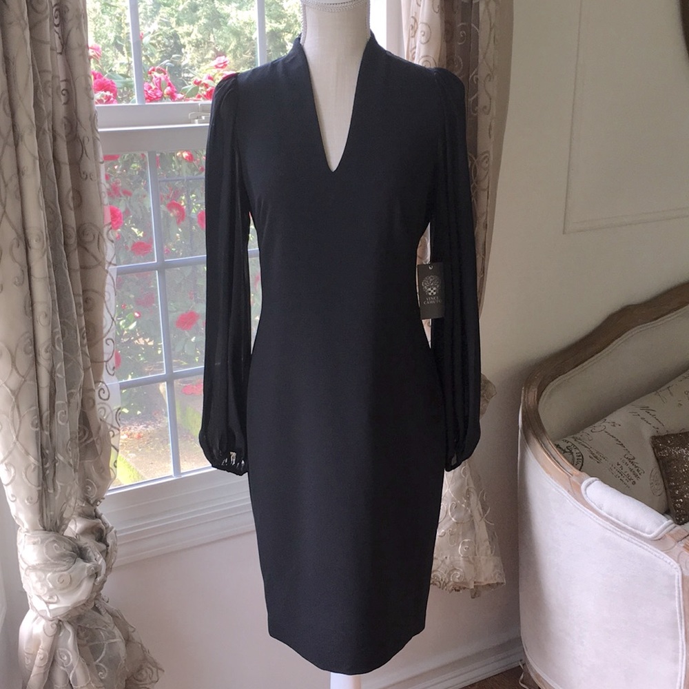 NWT VINCE CAMUTO Black V-Neck Long Chiffon Sleeve Crepe Sheath Dress Size 6!✨